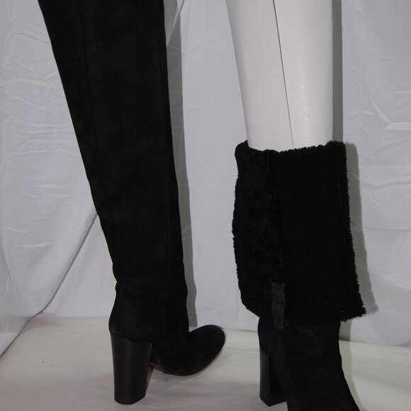 39.5/9.5❤️PRADA Black Slouch Shearling Suede Leather Over Knee High Heels Boots - Picture 8 of 13